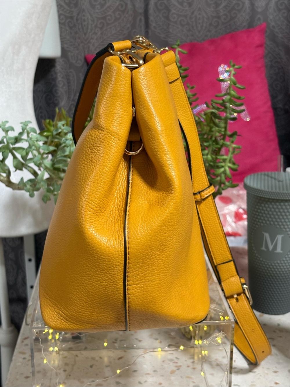 Joy Susan Pebbled Mustard Vegan Leather Classic Hobo Tote - Picture 5 of 17